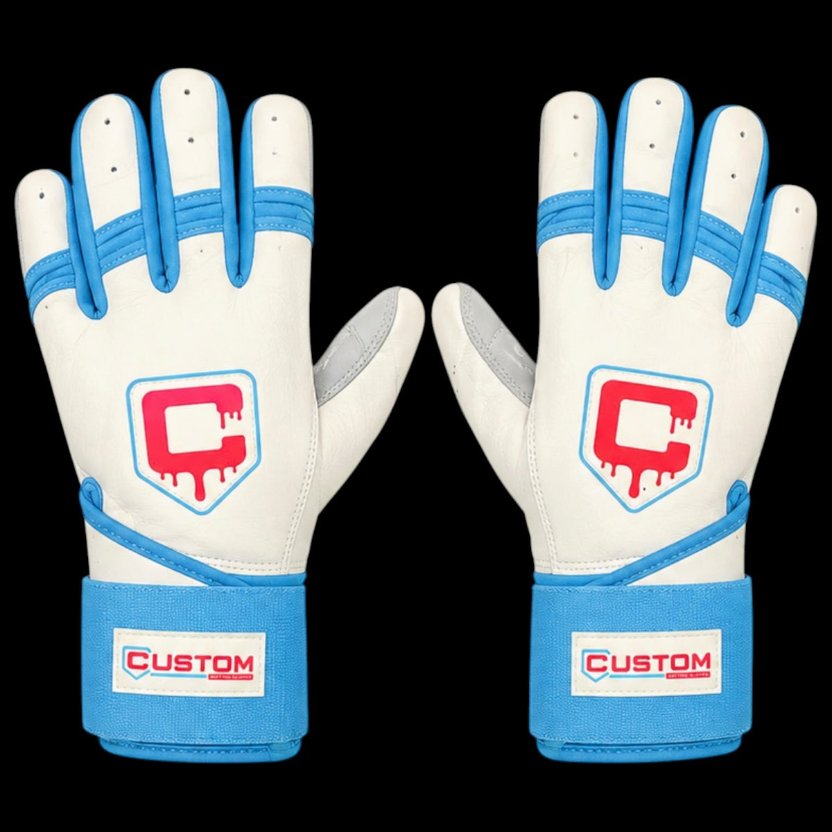 CUSTOM Brand Baseball Batting Gloves Long Cuff Baby Blue Pink & White