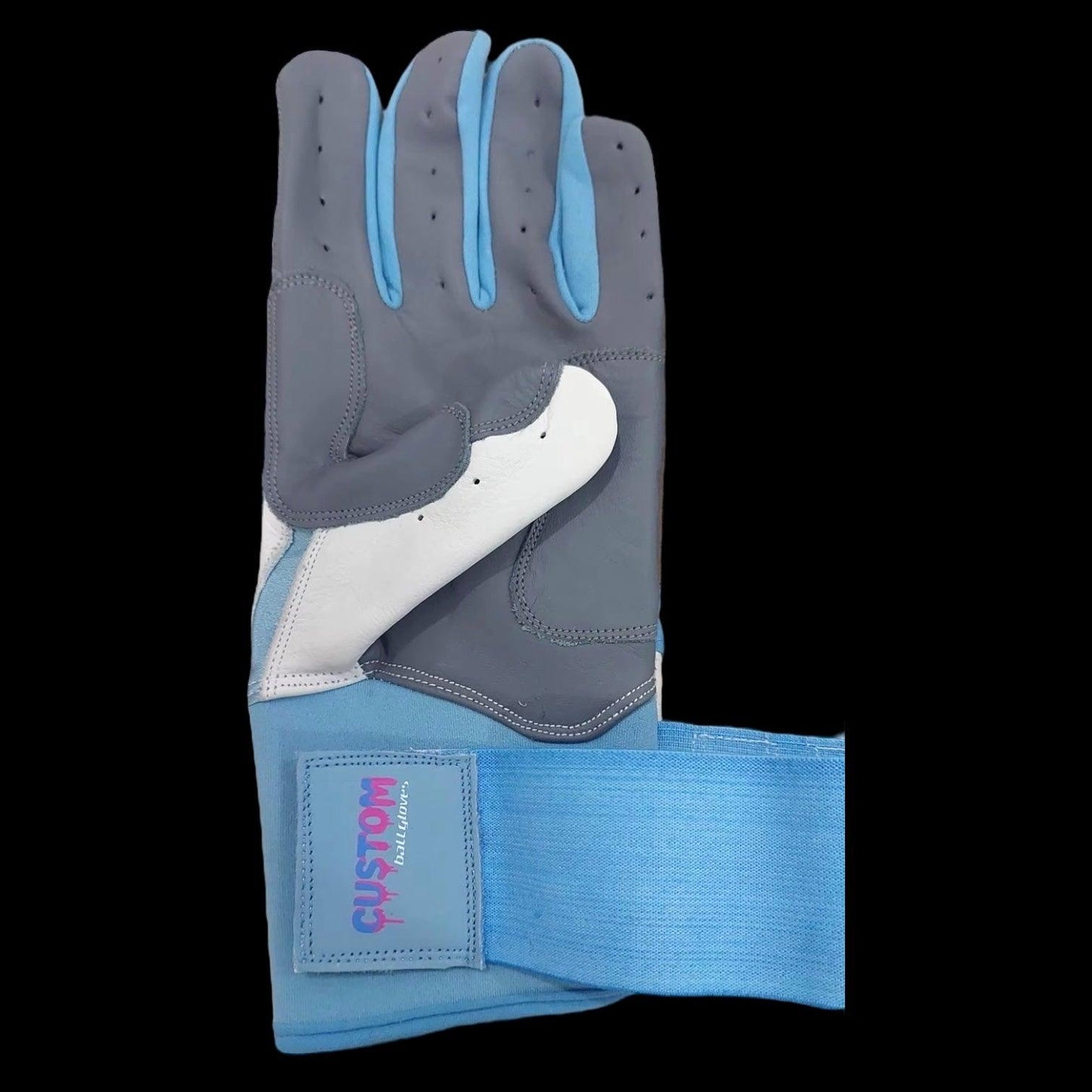 CUSTOM Brand Baseball Batting Gloves Long Cuff Baby Blue & White