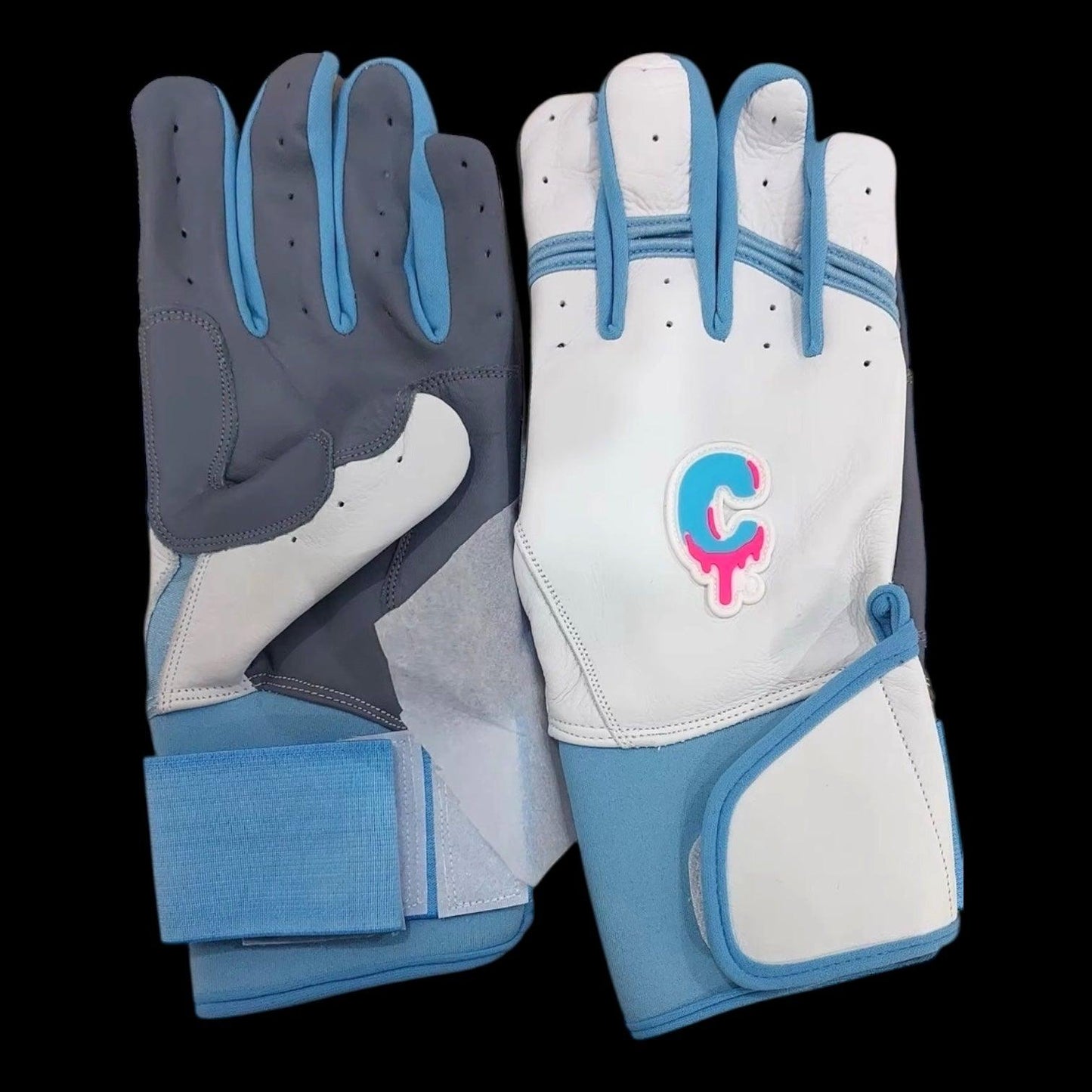 CUSTOM Brand Baseball Batting Gloves Long Cuff Baby Blue & White