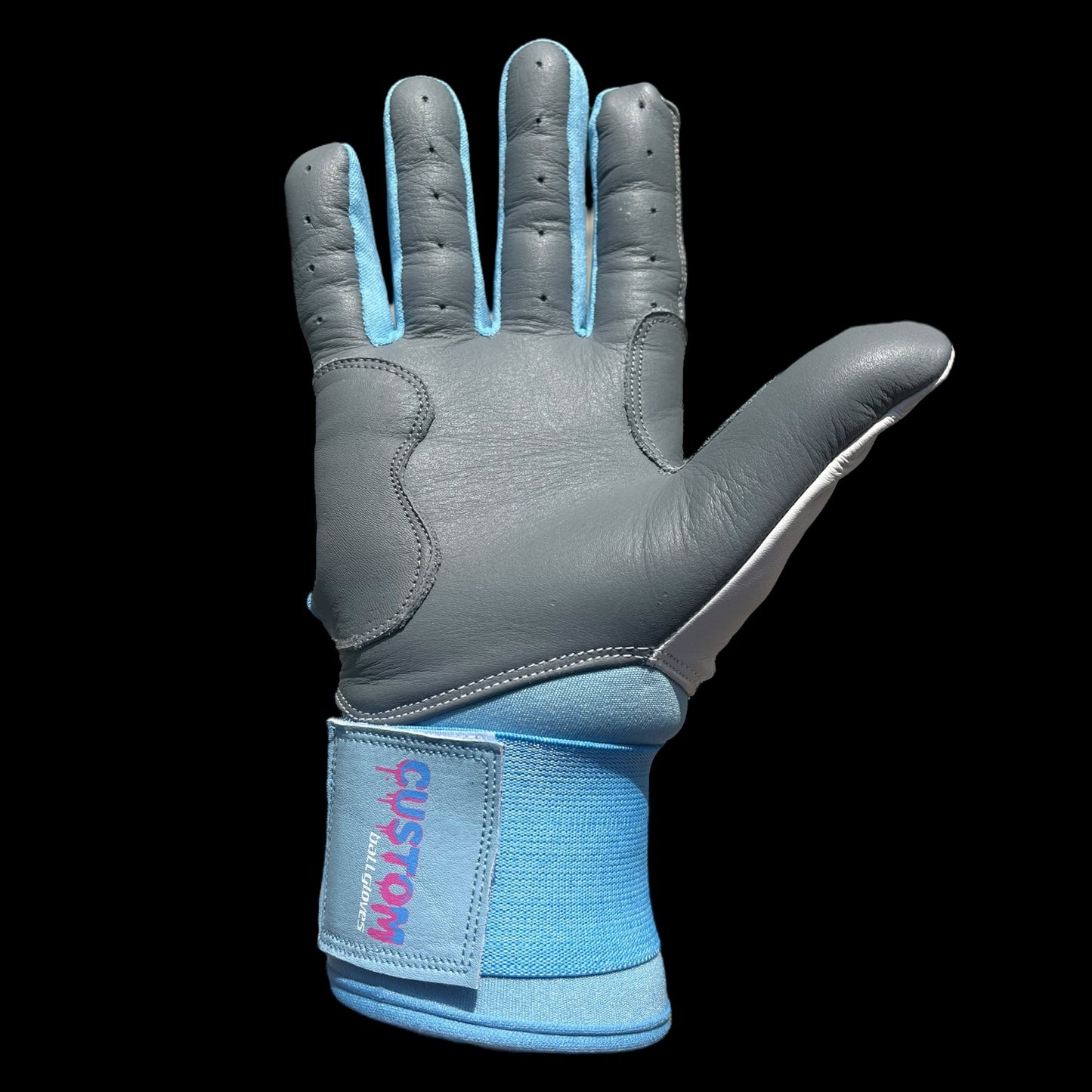 CUSTOM Brand Baseball Batting Gloves Long Cuff Baby Blue & White