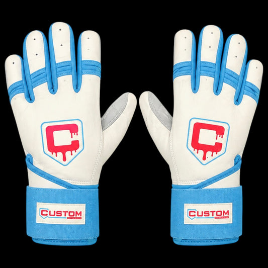 CUSTOM Brand Baseball Batting Gloves Long Cuff Baby Blue Pink & White