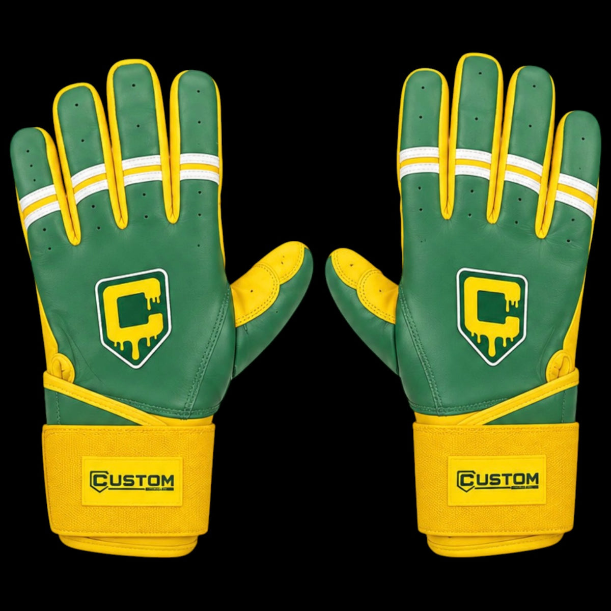 CUSTOM Brand Baseball Batting Gloves Long Cuff Green, Yellow & White