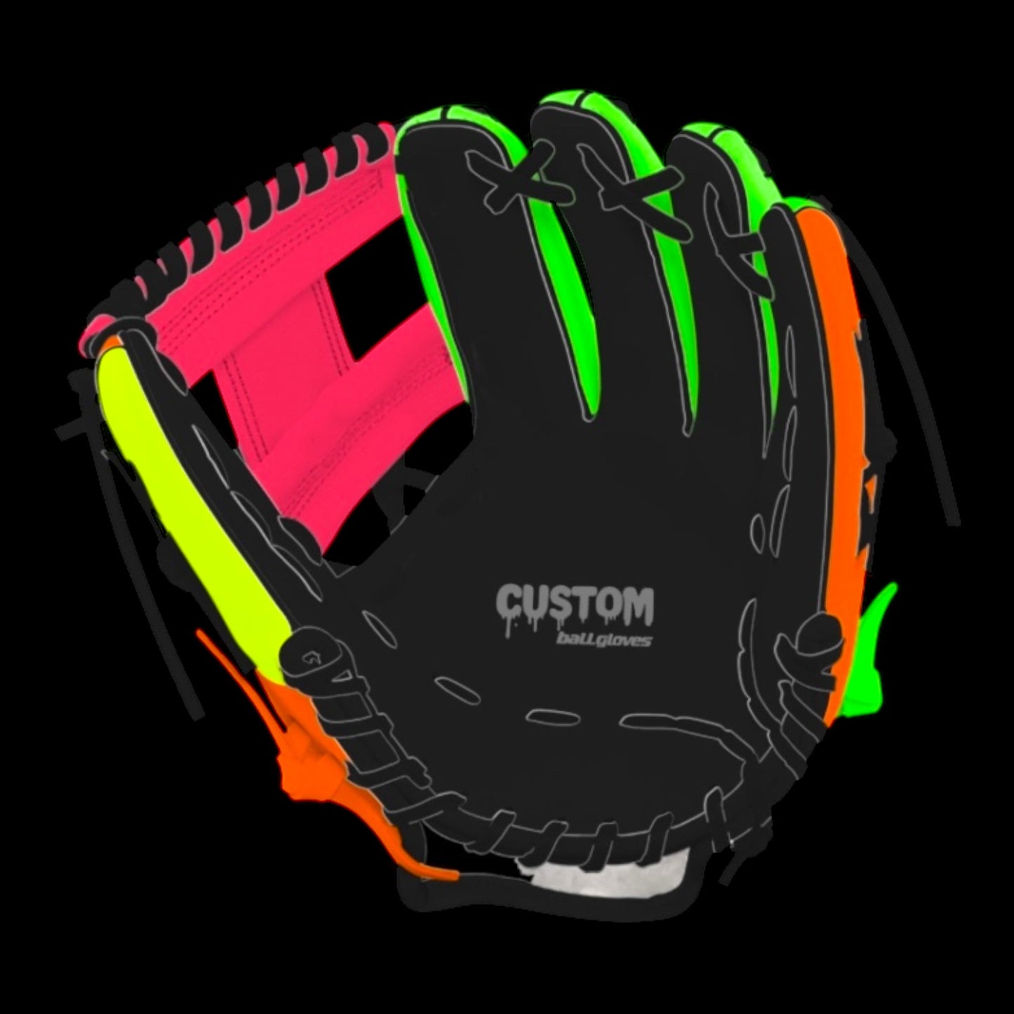 CUSTOM Cosmic Glow Neon Fluorescent Blacklight 11.5” I-Web Green Pink Yellow Orange Baseball Glove