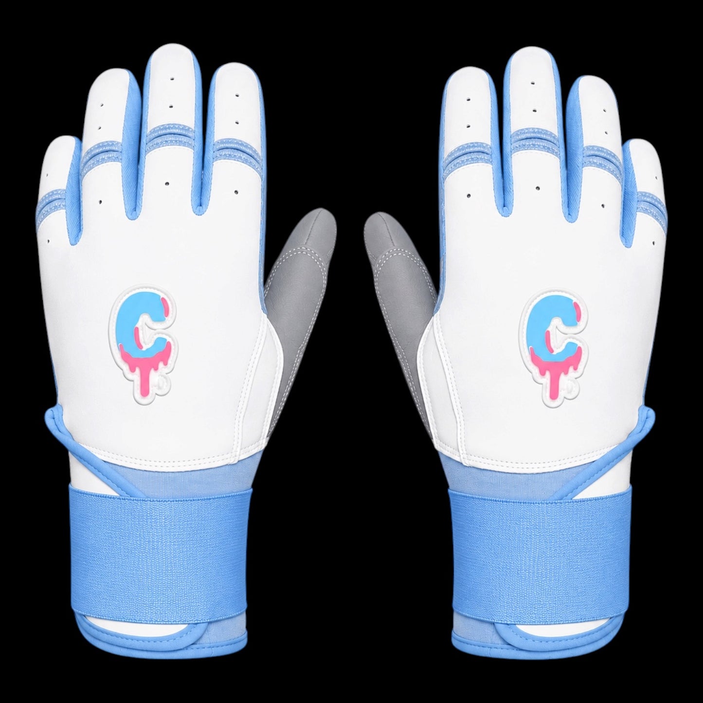 CUSTOM Brand Baseball Batting Gloves Long Cuff Baby Blue & White