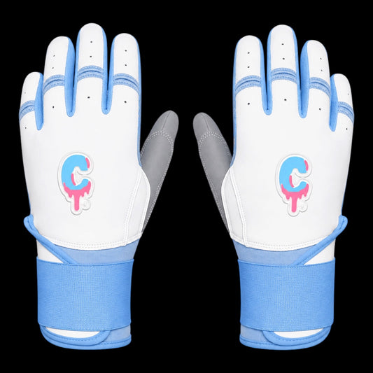 CUSTOM Brand Baseball Batting Gloves Long Cuff Baby Blue & White