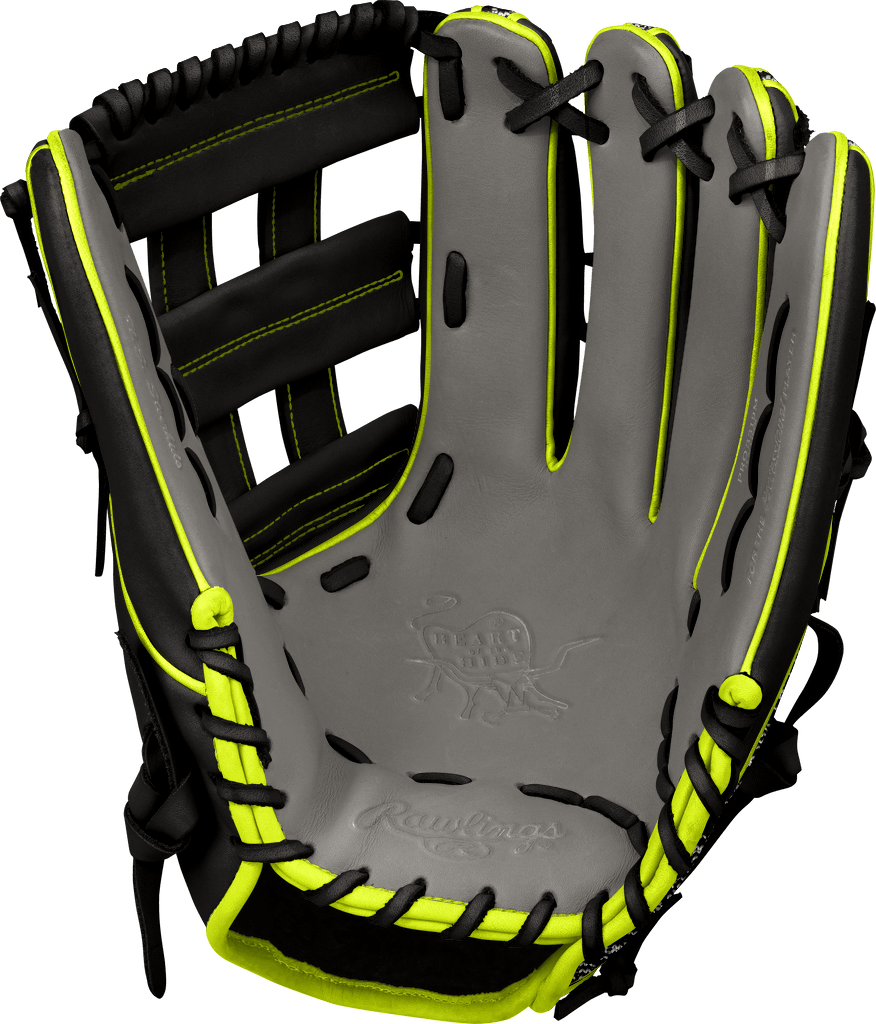 Rawlings Custom 12.75” H-Web Zebra Print Shell Neon Yellow Black Heart of the Hide Outfield Glove - CustomBallgloves.com