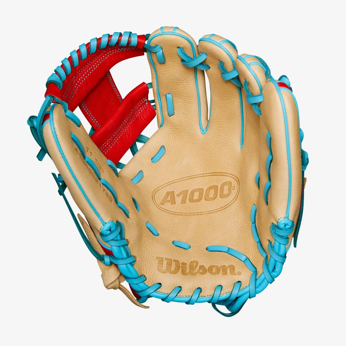 Wilson A1000 1786 11.5” Blonde Baby Blue Red Baseball Glove RHT - CustomBallgloves.com