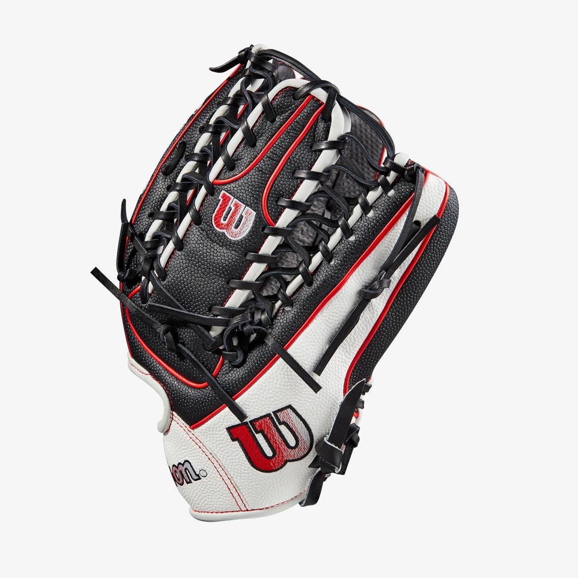 Wilson A2000 12.75” Trapeze Web Black Red White Outfield Glove - CustomBallgloves.com