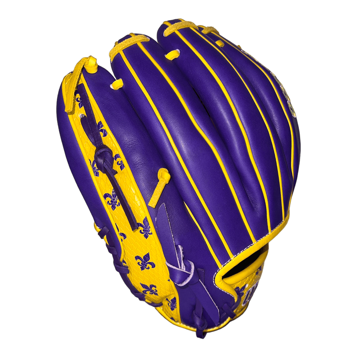 Wilson Exclusive A2000 Louisiana Fleur Dis Lis 11.5” Purple and Gold I-Web Infield Glove - CustomBallgloves.com